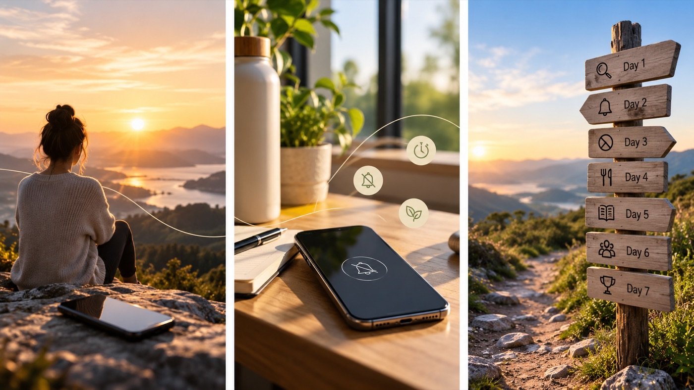 Three-panel illustration of a digital detox in nature
